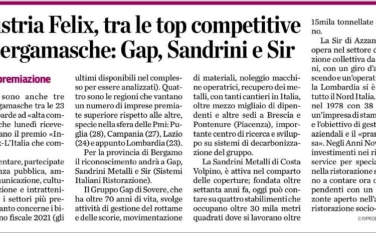  SIR RICEVERA’ IL PREMIO INDUSTRIA FELIX