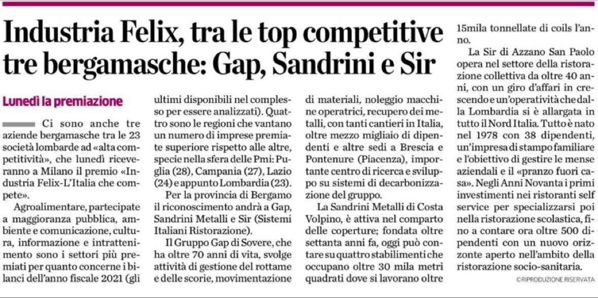 articolo di un giornale per la vittoria del premio felix di SIR